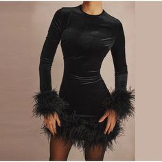 Velvet Long Sleeve Fur Trim Mini Dress