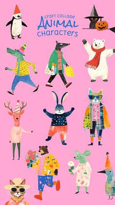 an animal character poster is shown on a pink background with other animals and people in costumes