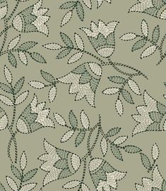 a green and white wallpaper with leaves on it