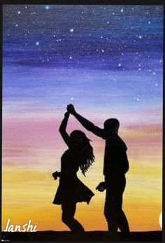 the silhouette of two people dancing in front of an orange, purple and blue sky