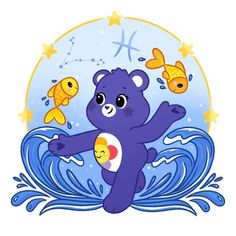 a blue teddy bear standing on its hind legs in the water with goldfish around it