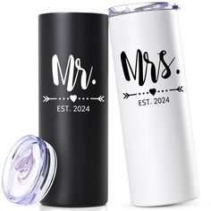 two black and white tumblers with the words mr and mrs next to each other