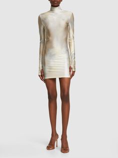 High neck. Model is wearing a sizeS Mini Dress White, British Vogue, Vogue Runway, Runway Show, New Release, Shearling Jacket, Ski Wear, White Mini Dress, Swimwear Tops