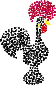 a drawing of a rooster made out of circles on white paper with red and black dots