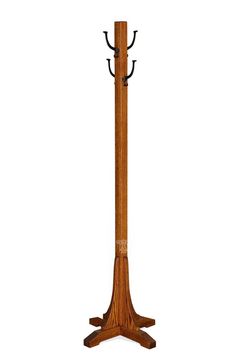 a wooden coat rack with two coats hanging on it's sides and an iron hook