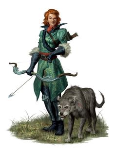 a woman dressed in green standing next to a gray wolf with an arrow and bow