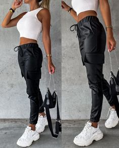 Elastic Waist PU Leather Cuffed Pants Cuffed Pants, Outfits Casuales, Olivia Mark, High Waisted Pants, Look Fashion, Classy Outfits