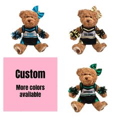 three teddy bears wearing cheerleader outfits with the words custom and more colors available on them