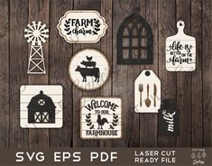 several farm themed cut outs are displayed on a wooden background with the words svgeps cdr