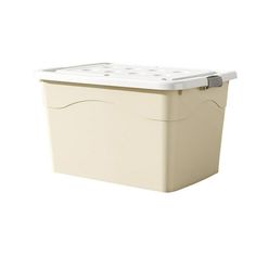 a white plastic storage box with lid and latches on the sides, sitting upright against a white background