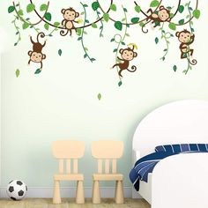 three monkeys hanging from the tree branch wall decals in a child's room