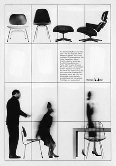 an advertisement for the eames chair, with people walking by and sitting in chairs