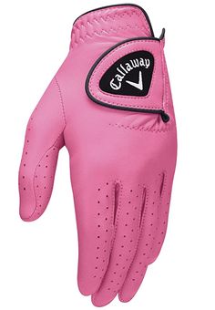 pink golf gloves with black logo on the left side and white lettering on the right hand