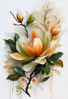 an oil painting of flowers on a white background with green leaves and orange blooms in the center