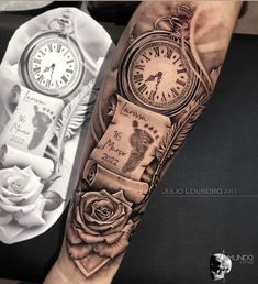 an arm with a clock and roses on it