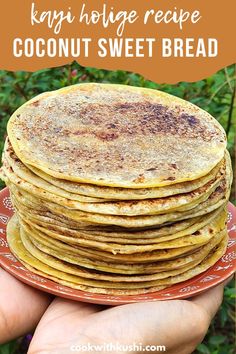 a hand holding a stack of coconut sweet bread on top of a plate with text overlay