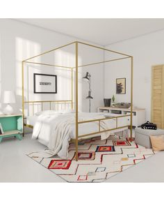 a bedroom with white walls and flooring has a gold metal bed frame in the middle