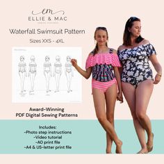 The Waterfall Swimsuit PDF Sewing Pattern screams to my fashion-loving self!  It features mix-and-match pieces to create the swimsuit that best suits your style.  You can make a bikini or tankini, high waist bottoms or mid-waist bottoms, add straps, or leave them off.  The tankini skirt has cinch ties on the sides to adjust the amount of coverage you want.  The off-shoulder flounce is just the right touch to make this swimsuit pattern one you will need in your life!  It is even maternity friendl Swimsuit Pattern Sewing, Skirted Tankini, Swimwear Pattern, Swimsuit Pattern, Two Piece Swimwear, High Waist Bottoms, Youtube Tutorials, Sewing Pattern Sizes, Cool Suits