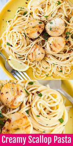 two plates of pasta with shrimp and scallops