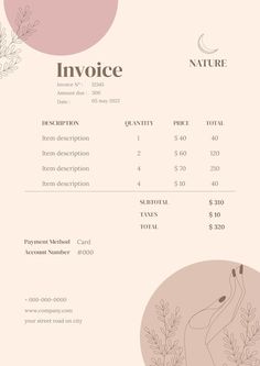 an invoice is shown with pink circles and leaves on it's side