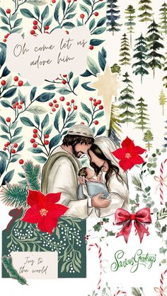 a christmas card with an image of two people and holly wreaths on the side