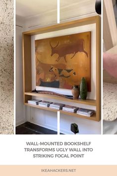 a man is working on a wall mounted book shelf that has been designed to look like an abstract painting