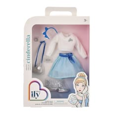 the doll is in its box and has a blue dress on it's chest