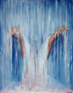 a painting of two people standing in the water with their hands on each other's legs