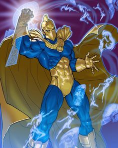 an image of a man in blue and gold costume with his hands out to the side