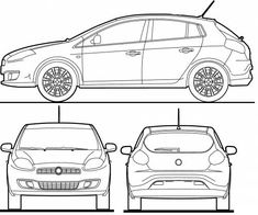 the front and side view of a small car, with three different sides facing each other