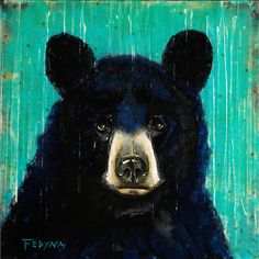 a painting of a black bear on a green background