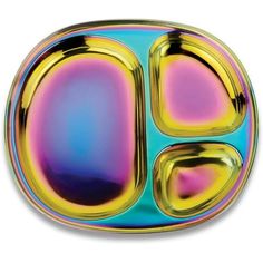 a colorful metal object on a white background