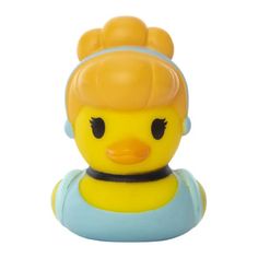 a yellow rubber ducky with a blue dress on it's head and ears