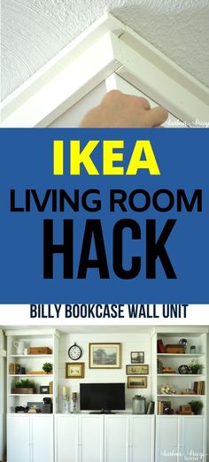 a living room with bookshelves and an overhead bookcase that has the words ikea living room hack on it