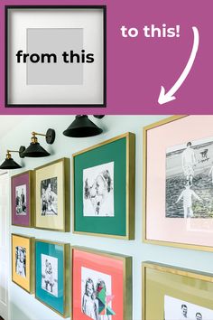 a wall with pictures hanging on it and an arrow pointing to the bottom right side