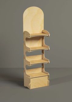 a wooden book shelf with three shelves on each side