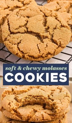 soft and chewy molasses cookies are stacked on top of each other with the words soft & chewy molasses in front