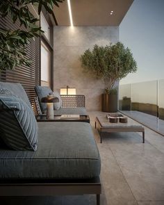 a living room filled with furniture next to a tall plant on top of a wooden table