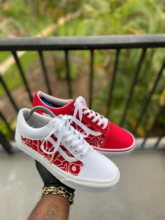 Custom Bandana themed Vans. - Kiaun's Customs Red Bandana Shoes, Vans Shoes Fashion, Vans Shoes Women, Custom Bandana, Custom Vans Shoes, Air Force One Shoes, Painted Shoes Diy, Custom Sneakers Diy, Mens Vans Shoes