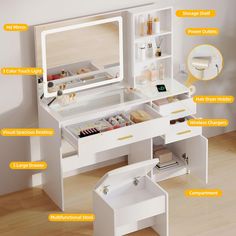 the contents of a white makeup vanity with drawers and mirror on it's side