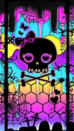 a painting of a skull and crossbones on a colorful background with spider web