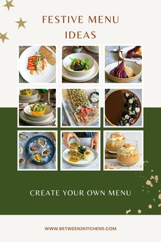 a flyer for a festive menu with pictures of different foods and desserts on it