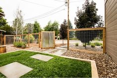 an outdoor area with grass, rocks and wooden fenced in areas that include plants