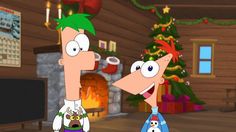 two cartoon characters standing next to each other in front of a christmas tree and fireplace