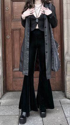 Theatrical Romantic Curly Hair, Denim Jacket And Leather Pants, Metal Mom Outfits, Marcilene Adventure Time Outfits, 2023 Goth Fashion, Southern Alternative Fashion, Nancy Downs Outfit Ideas, Goth Fall Fashion, Whimsical Gothic Fashion