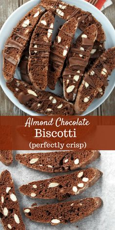 chocolate biscotti bread with almonds in the middle on a plate next to it