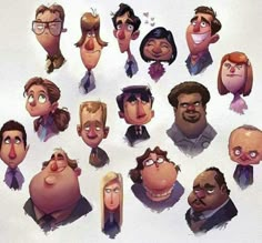 a bunch of cartoon faces are shown in this image, with one man's nose sticking out