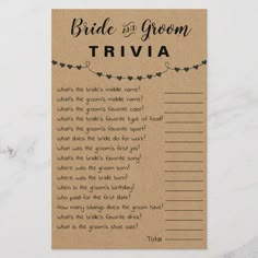 a brown card with the words bride and groom trivia on it