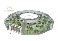 an architectural drawing of a circular building with trees and plants in the center, surrounded by green roofing