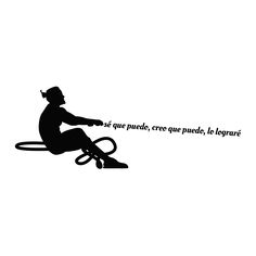 the silhouette of a man riding a bike with words written on it in spanish and english